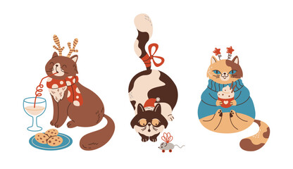 Adorable New Year cats flat color vector characters set. Animals in festive accessories for Christmas illustrations bundle on white background