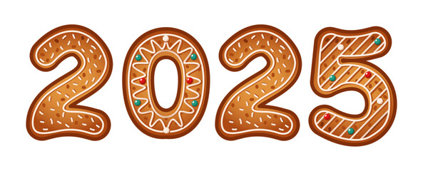 Number 2025 made of gingerbread cookies flat color vector objects. New Year biscuits with icing and sprinkles illustration on white background