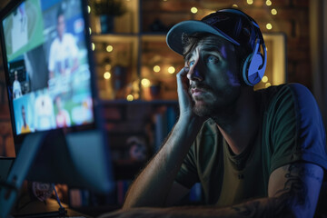 Fototapeta premium Anxious gamer with headphones clutching his head while staring at the computer screen, immersed in an intense online game.