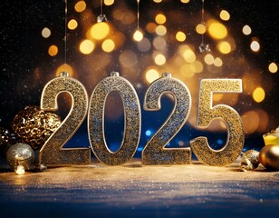 New year 2025 card. Festive design with Christmas decorations
