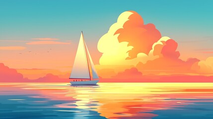 Fototapeta premium Serene Sunset View with a Sailboat on Calm Waters, Capturing the Beauty of Nature and Tranquility at Dusk with Vibrant Colors in the Sky and Reflection on the Ocean Surface