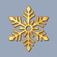 Golden snowflake reflecting light realistic vector illustration. Traditional Christmas and new year ornament 3d object image on grey background