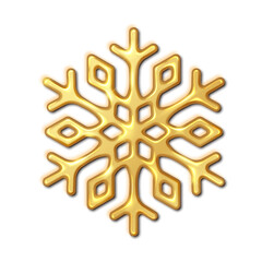Golden metal snowflake realistic vector illustration. Sparkling Christmas holiday traditional ornament 3d object image on white background