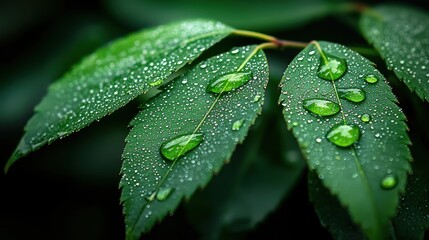 Close-up of green leaves with raindrops, showcasing nature's beautiful details.