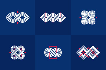 Graphic design elements for logo creation, intertwined lines vintage style icons collection, abstract geometric linear symbols vector set.