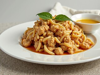 A generous serving of tender pasta is accompanied by savory meatballs, garnished with fresh herbs and paired with a vibrant dipping sauce