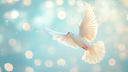 Obraz premium White Dove in Flight Against a Blue and White Bokeh Background