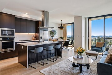 Fototapeta premium Elegant Contemporary Kitchen and Lounge Area with Energy-Efficient Appliances Overlooking a Chic Dining Nook and Sunlit Balcony