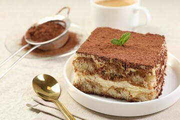 Delicious tiramisu with mint on light table, closeup