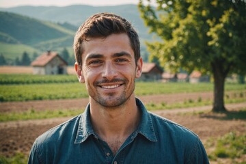 Close portrait of a smiling young Bulgarian male farmer standing and looking at the camera, outdoors Bulgarian rural blurred background