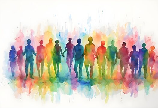 A colorful, watercolor painting depicting different religions, different cultures, and every diversity of people.