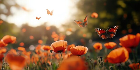 Obraz premium A meadow filled with poppies, with butterflies fluttering gently above the flowers. The Red Admiral and Painted Lady butterflies are caught mid-flight