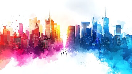 Fototapeta premium Vibrant Cityscape in Watercolor Style with Dynamic Splashes of Color Depicting Urban Life and Energy, Merging Two Distinct City Profiles