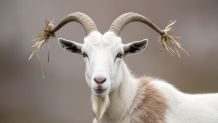Obraz premium A goat with long horns and a white face is staring at the camera