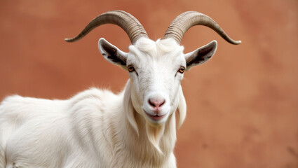 Fototapeta premium A goat with long horns and a white face is staring at the camera