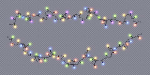 Glowing festive fairy lights frame realistic vector icon. Colorful lamps garlands border 3d object illustration on transparent background