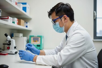 A masked scientist is diligently conducting research in a lab
