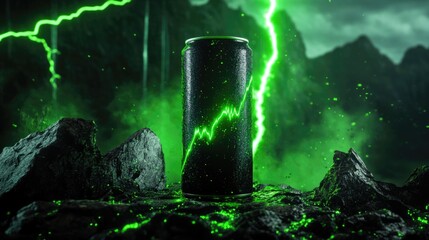 Aluminum can of energy drinks, aluminum can standing on a rock, green lightning bolts