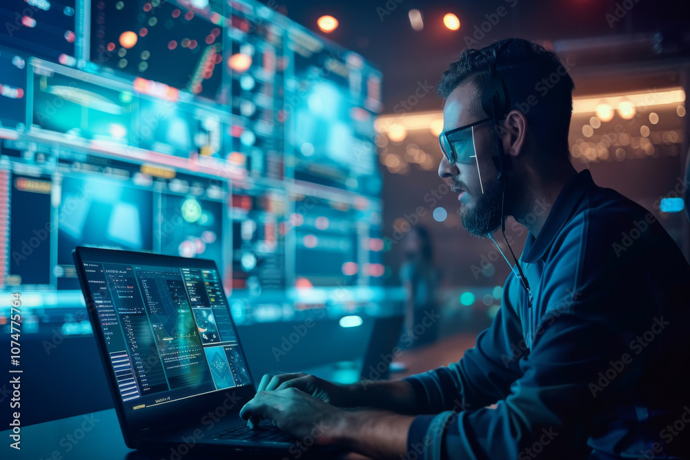 Wall mural focused man analyzing sports data on multiple computer screens in a dark room, digital sports analys
