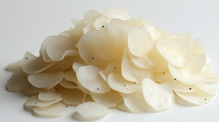 Delicate white petals with tiny black seeds arranged in a neat pile on a light background