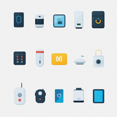 A collection of flat design icons representing home automation technology. The icons feature various devices and systems, suitable for digital interfaces and modern applications.