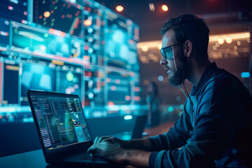 Focused man analyzing sports data on multiple computer screens in a dark room, digital sports analysis concept.