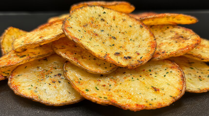 Crispy seasoned potato chips stacked neatly on a black plate, showcasing their golden-brown color and speckled herbs