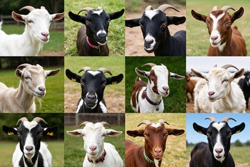 Fototapeta premium Diverse Group of Goats in an Adoption Exhibition Showcasing Varied Breeds, Sizes, and Temperaments