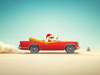 Fototapeta premium Santa driving a colorful convertible car through a snowy landscape, spreading holiday cheer in festive attire during winter