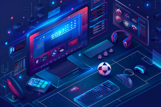 Isometric digital illustration of a soccer betting concept with a laptop, soccer field, and betting chips.
