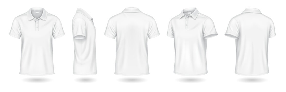 Versatile white polo shirts mockup design realistic vector illustration set. Casual attire with copy space 3d models on white background