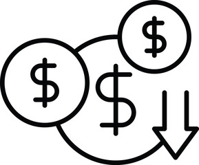 Cost Efficiency Icon – Dollar Sign with Downward Trend Arrow. Black Vector outline style
