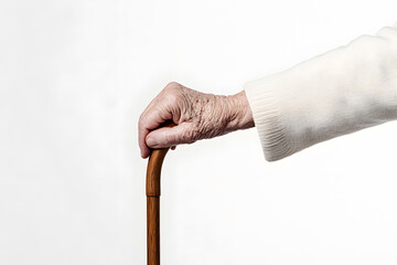 Wrinkled hand of an old man holding a walking cane Isolated