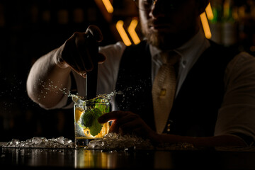 The bartender carefully mixes the cocktail with lemon wedges and mint leaves with a mixer