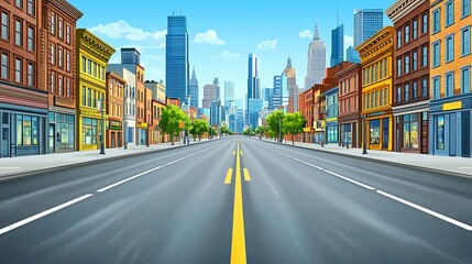 Obraz premium Colorful Cityscape with Bright Buildings and Clear Blue Sky, Capturing a Vibrant Urban Environment with Trees Lining the Streets and a Wide Open Road Ahead