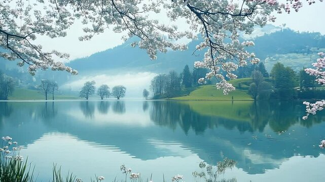 Static shot: A pristine lake mirrors a serene sky, framed by blossoming trees and distant hills.