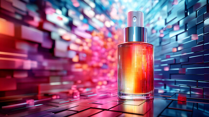 3D Render of Glass Bottle with Sprayer on Colorful Geometric Background