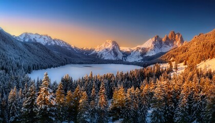 Obraz premium A breathtaking view of a snow-covered mountain range, bathed in the light of a bright, clear sky, showcasing nature's majestic beauty and tranquility.