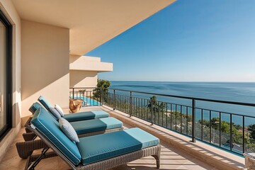 Fototapeta premium Luxury Sun Loungers on Mediterranean Balcony with Stunning Ocean Views