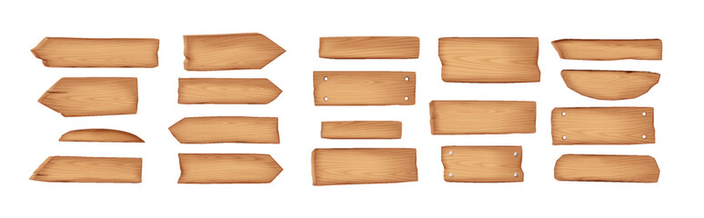 Wooden signs of different shapes realistic color icons set. Vintage signpost pointing planks for information 3d objects on white background