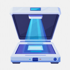 This flatbed scanner icon features a sleek design with a blue light beam on a clean white background, perfect for technology-related projects and office visuals.