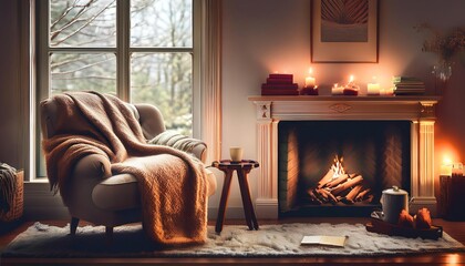 Fototapeta premium A warm, inviting Danish living room bathed in soft, golden candlelight, creating a serene and cozy atmosphere perfect for relaxation and comfort.