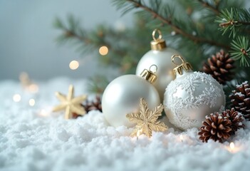 White and gold Christmas ornaments on a snowy background with pine branches and pinecones