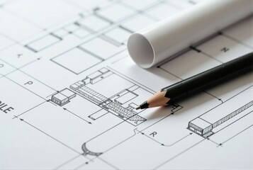A pencil is currently resting on top of a detailed drawing of a building