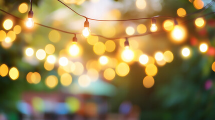 Twinkling fairy lights illuminating a garden at twilight