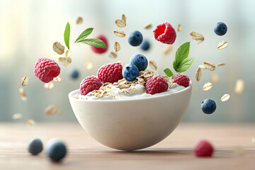 Schwebende M&uuml;slizutaten &uuml;ber einer Schale mit Joghurt &ndash; Frische Fr&uuml;hst&uuml;cksidee