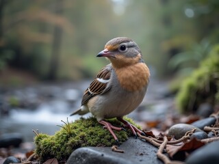 A small bird with a distinctive orange throat stands on a moss-covered rock near a gently flowing stream. The surrounding forest is vibrant and serene, bathed in soft morning light