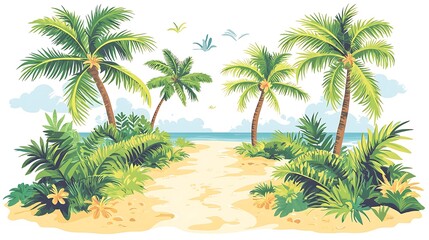 Tropical Beach Pathway Surrounded by Lush Green Palm Trees and Vibrant Plants Under a Clear Blue Sky with Flying Birds and a Serene Ocean View