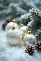 White and gold Christmas ornaments on a snowy background with pine branches and pinecones
