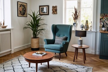 Scandinavian Style Interior with Classic High Back Chair and Round Wooden Coffee Table Featuring Eclectic Decor Accents